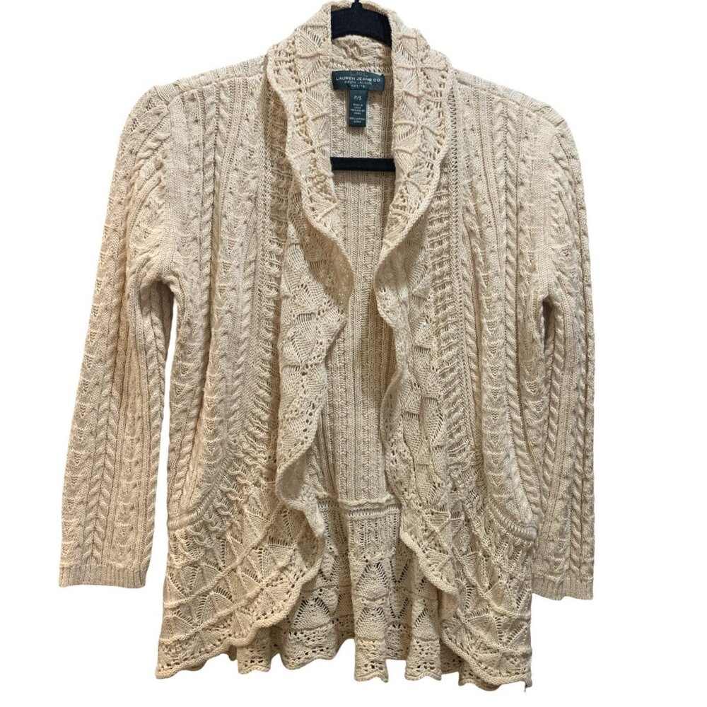LRL Lauren Jeans Vintage Cable knit Ruffle Cardigan PS Classic Boho Grannycore